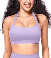[ZAAYO] Women's Sports Bra Backless Halter Fitness Bra Sports Bra Padded Push Up Bra Medium Support Fitness Yoga Tops, Light Purple, XL