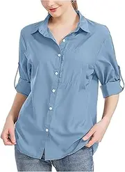 [Generic] Button Down Dress Shirts for Women Long Sleeve Wrinkle Free Shirts Solid Work Business Formal Button Up Shirts, Blue #1, Large