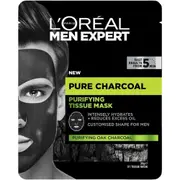 L'Oréal Paris Purifying Tissue Mask, Intensely Hydrates and Reduces Excess Oil, Absorbs Oil and Mattifies Skin, Customised Shape for Men, Men Expert Pure Charcoal, 1 g