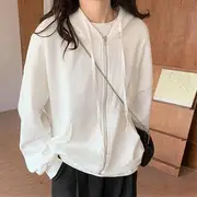 Loose-Fit Long-Sleeve Zip Up Plain Hoodie Black - XL