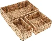 3 Pcs Storage Basket Set Flat Woven Wicker Storage Bins Weave Bathroom Basket Natural Seagrass Basket Boxes Small Wicker Baskets Rectangle Basket for Shelves Bathroom Cupboards Drawer
