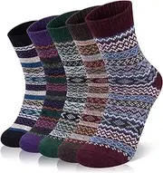 [YSense Beau] 5 Pairs Women's Merino Wool Socks Winter Thick Wool Socks Merino Wool Thermal Socks Wool Warm Vintage Style Winter Socks Women's Gift, Purple+Black+Green+Brown+Burgundy, 36-42