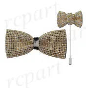 New in box Brand Q Men's bowtie lapel pin 2 piece set crystal gold checkered