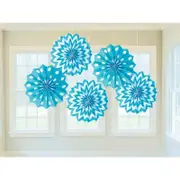 Caribbean Blue Printed Paper Fan Decorations 5pk