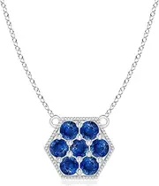 [Angara] Natural Pavé-Set Sapphire Hexagon Pendant Necklace with Milgrain in Sterling Silver/14ct Solid Gold for Women | September Birthstone Jewellery for Her
