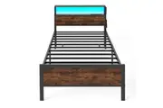 Giantex Single Size LED Bed Frame Metal Platform Bed w/Charging Station 2-Tier Storage Mattress Foundation