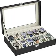 SONGMICS JWB12BE 12 Compartment Watch Box Glass Lid Watch Case with Removable Watch Cushion Premium Watch Box PU Cover Black Velvet Lining Green Beige