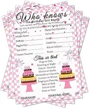 Whaline 50Pcs Who Knows The Birthday Girl Best Card Pink Checkered Birthday Party Activity Game Card for Sweet Birthday Sleepover Slumber Party Decoration