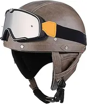 Motorcycle Helmet Motorcycle Leather Half Face Helmet Vintage Open Face Helmet with Goggles and Adjustable Quick Release Buckle DOT/ECE Approved Cap Half Shell Helmet