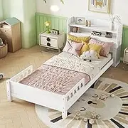 Twin Size Kids Bed Frame with LED Motion Sensor Light,Kids Bed with Storage Bookcase,Solid Wood Twin Size Bed Frames for Boys Girls,White