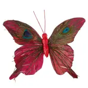 Set of 4 Red Peacock Feather 6-3/4" Artificial Butterflies with Alligator Clips