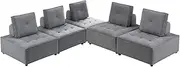 Foret 5pc Armless Seat Modular Extension Ottoman Couch Velvet Sofa Light Grey