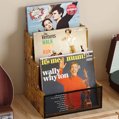 Vinyl Record Storage Holder, Stepped 3 Tier LP Vinyl Record Crate with Metal Gri