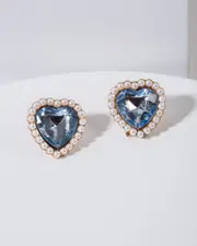Blue Crystal And Pearl Heart Stud Earrings