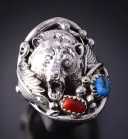 Size 8-3/4 Silver & Turquoise Coral Navajo Bear Ring by Jeanette Saunders 4F10L