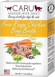 Caru Free Range Chicken Bone Broth For Dogs And Cats, Moistens Dry Food Or Pour Over Freeze Dried Raw Food, Grain And Gluten Free, Non-Gmo Ingredients (1.1 Lbs)