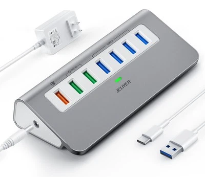 Powered USB-C 7-Port Hub, USB 3.2 Gen 2 Adapter - 4x 10Gbps Data, 3x 3.3ft Ch...