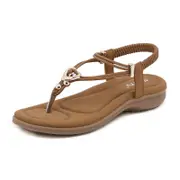 Nevenka Bohemian Beaded Sandals with Ankle Elastic Band Flat Flip Flops-Brown