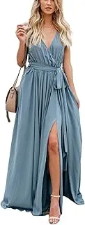 [SHINsuke] Women's Summer Light Blue Maxi Dress Sleeveless V Neck Wrap Prom Formal Long A-line Dresses for Party Wedding Dating