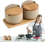 Salt Container With Lid | 2x Ceramic Salt Storage Container With Wooden Spoon Lid,Seasoning Box, Kitchen Seasoning Storage Jar for Counter for Home Camping Picnic BBQ,