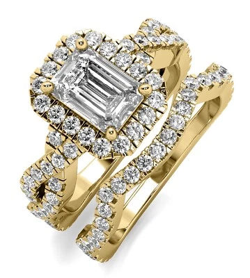 Halo Infinity 3.20Carat E VVS1 Emerald Cut Lab Grown Diamond Engagement Ring Set