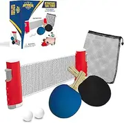 Retractable Table Tennis Set, Portable to Affix to Any Table, Includes Two Paddles, Two Balls, and Mesh Storage Bag