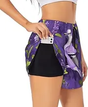 [WURTON] Bird in Purple Lavender Floral Flowers Print Exercise Gym Workout Shorts Women's Athletic Shorts Dual-Layered Yoga Running