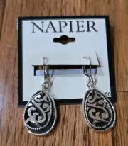Demi Parure Signed Napier Necklace Earrings Black Leather Silver Tone Vintage