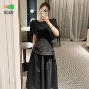 ROVE[輕奢高級]韓國chic夏季小眾氣質圓領泡泡袖素色襯衫+休閒百搭半身裙套裝女