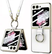 Folding Leather Case for Samsung Galaxy Z Flip 6/5, Mobile Phone Shell for Z Flip6/5 with Strap, Creative Women's Screen Protective Cover with Electroplating Ring Bracket (White, for Flip 6)