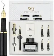 Wordsworth & Black Fountain Pen Gift Set, Includes Ink Bottle, 6 Ink Cartridges, Ink Refill Converter, 4 Replacement Nibs, Premium Package, Journaling, Calligraphy, Smooth Writing Pens [Black Gold]