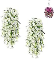 Hanging Artificial Morning Glory Vine, Wall Wisteria Hanging Basket Plants, Faux Silk Morning Glory Vines for Porch Yard, Outdoor, Wedding Favors, Anniversary (White)