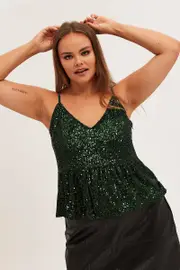 Green Sequin Camisole Top Shoestring Strap Peplum