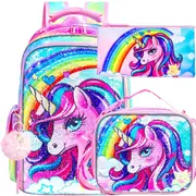 3 Piece Sequin Unicorn Backpack Set For Girls 16 Inch With Lunch Box L For Elementary School