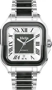[Diella] Rectangle Mens Wrist Watch, Automatic Self Winding Watches for Men with Jade & Stainless Steel Watch, Roman Numerals Analog Watch with Date, Waterproof (Model:AD6027G)