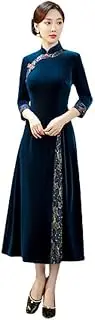 [SWEPER] Womens Chinese Dress - Winter 3/4 Sleeve Long Cheongsam Improved Women's Chinese Year Qipao Dress Traditional Mother of The Bride Dress