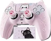PlayRealm Silicone Skin Cover Sticker x 1 & Extender Grips x 2 for PS5 Controller Cat Pink