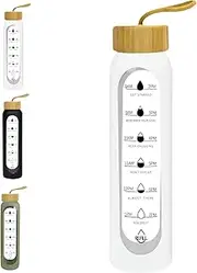 HENGFEI 1litre Glass Drink Bottle with Silicone Sleeve, Borosilicate Glass Water Bottle with Time Markings and Bamboo Lid, Wide Mouth (White Silicone Sleeve, 1000ml)