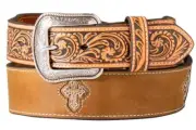 3D Western Mens Belt Leather Calf Hair Underlay Cross Conchos Brown D100017102