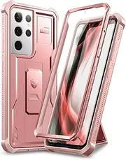 [Dexnor] Case for Samsung Galaxy S21 Ultra 5G 6.8 Inch with Built-in Screen Protector Military Grade Armour Heavy Duty 360 Full Body Shockproof Bumper Protection Cover with Stand - Rose Gold