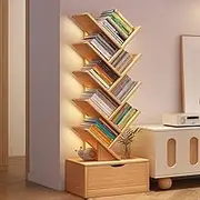10-Tier Tree Bookshelf, Home Shelf Corner Wall Shelves Cabinet Bookcase Storage Rack with Drawer, Thickened Wooden Display Floor Standing Storage Shelf for Bedroom, Living Room, Study, Office (Brown)