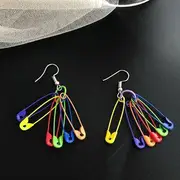 Safety Pin Fringed Earring Clip On Earring - Rainbow - One Size