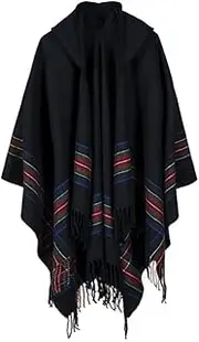 [Urban CoCo] Women's Button Poncho Cape Plaid Tassel Wrap Shawl