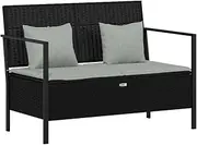 vidaXL Outdoor 2-Seater Bench with Hidden Storage - Modern Black Poly Rattan Garden Seat with Soft Light Grey Cushions and Sturdy Steel Frame.