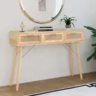 Rattan Wood Console Table Retro Hallway Entry Side Wooden Display Desk Drawers