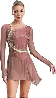 [RUNQHUI] Ice Skating Dress for Women Sheer Mesh Asymmetrical Skirt Leotard Lyrical Rhythmic Gymnastics Costume