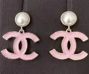 Chanel 25P CC Logo Pink Enamel Metal Gold Tone Stud Pearl Pendant Earrings Large
