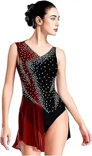 [RUNQHUI] Womens Tank Leotard Sparkle Rhinestone Color Block Unitards Mesh Patchwork Romper Flowy Skirt Burgundy Large