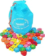 TOWO Wooden Threading Beads Alphabet Blocks-Large Wooden Letters and Number Blocks 46 Pieces - Threading Toy - Wooden Educational Toys for 3 Years Old Montessori Learning