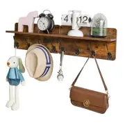 Coat Rack Shelf Wall Mounted, Wooden Coat Hooks Set of 2, Rustic Brown